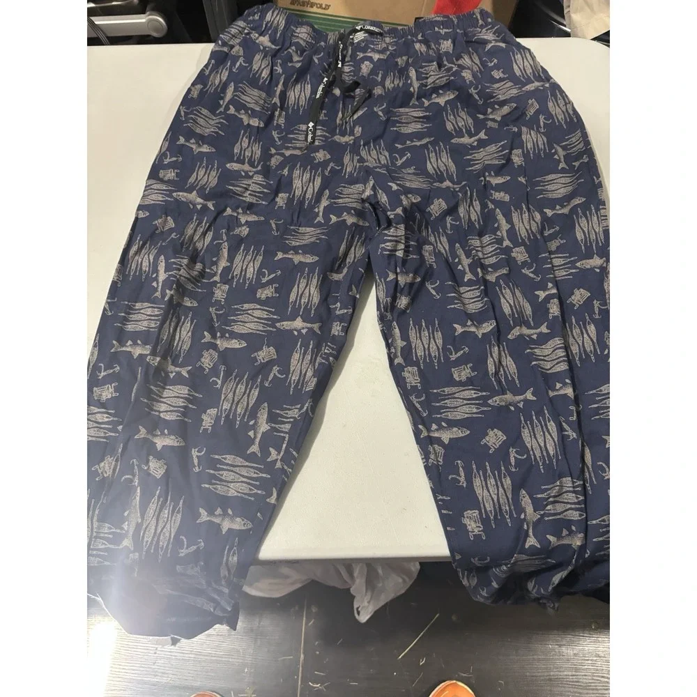 Columbia Pajama Sleep Pants Mens Large Blue Hawaiian Fish Cotton Pockets